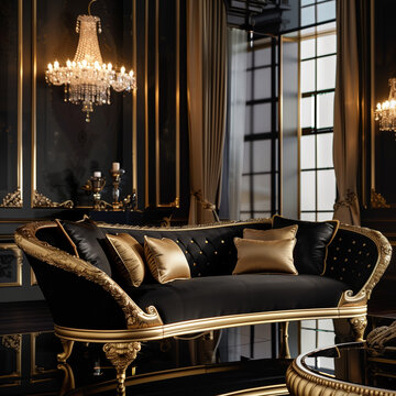 A luxurious black and gold sofa in an opulent living room with crystal chandeliers, exuding elegance and sophistication