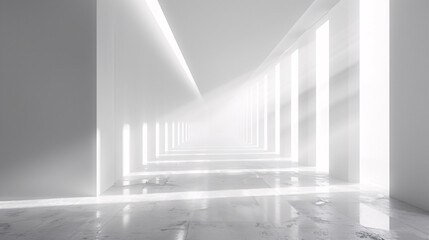 Obraz premium Minimalist White Hallway Bathed in Natural Light, Creating Patterns of Light and Shadow for a Calm and Spacious Atmosphere