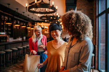 Smiling women with shopping bags entering a trendy restaurant, excited for a meal together