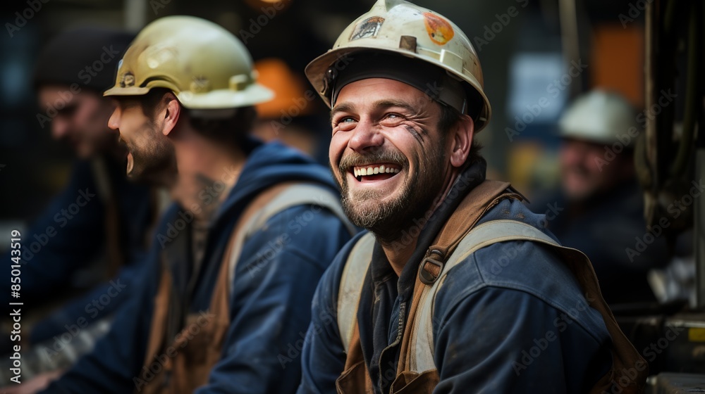 Wall mural young construction worker in a hard hat, sharing a laugh with his colleagues during a break.