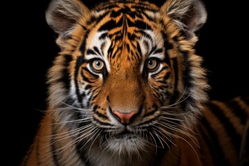 Close up portrait of a large Bengal tiger looking at the camera. The concept of studying this type of wild animal.
