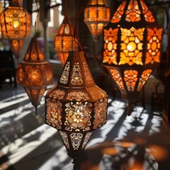 Ornate Islamic lanterns casting intricate shadows, perfect for festive decorations.