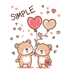 Cute Bear Couple with Heart Balloon "Simple" Love Illustration