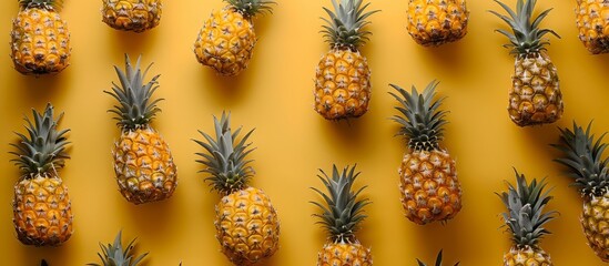 Ripe pineapples laid out on a yellow background, top view, agribusiness business concept, organic healthy food and non-GMO fruits with copy space
