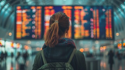 Fototapeta premium Backview of Woman Checking Flight Information Board and Travel Time at International Airport