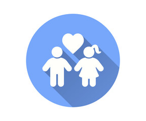 Fototapeta premium Childhood love icon, vector flat design with long shadow. Depicts a boy and girl with floating hearts above them, symbolizing affection, set within a blue circle.