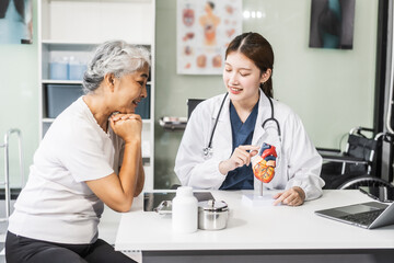 Fototapeta premium A young Asian female nurse providing healthcare services at her desk, caring for an elderly woman patient. They discuss health checklists and medical advice in a professional setting.