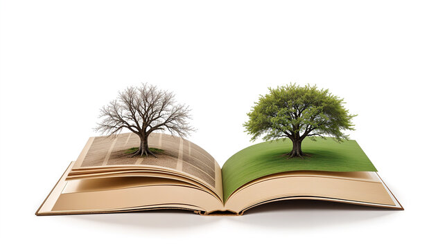 An open book with a bare tree on one page and a lush green tree on the other, symbolizing the contrast between uneducated and educated
