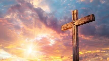 wooden cross on sunset evening sky background