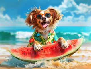 Cheerful dog wearing sunglasses and a Hawaiian shirt, surfing on a giant watermelon slice at the beach, hilarious summer scene, vibrant colors
