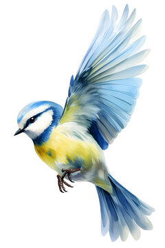 recommend clip art: Flying blue tit bird, watercolor painting, side view