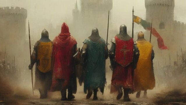 Painting of a Row of Medieval Holy Warriors Wearing Colorful Tabards Marching Towards a Fortress