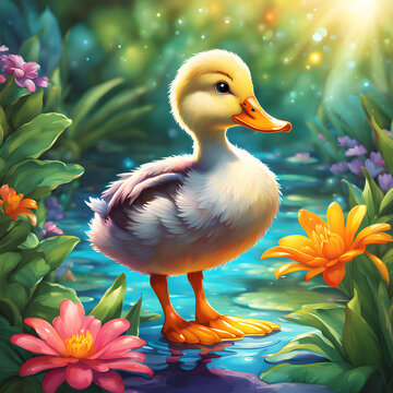 a cute duck full body standing,shiny body with iridescent feater that catch the light,ai generated