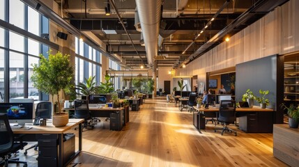 A modern office setup with open areas and wellness programs for employee health