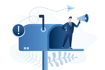 Business marketing. Opened mailbox to notify subscribed user, email newsletter notification. Businessman uses loudspeaker for marketing, communication