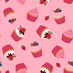 Seamless pattern of muffins with strawberries on a pink background. Vector graphics.