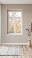Fototapeta premium Window in an empty room of an apartment lighting the scene. Interior design composition with minimal furniture and copy space