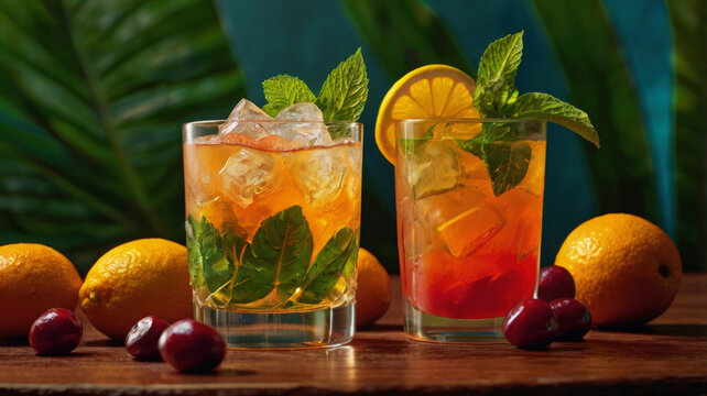 Mai Tai. It is a cocktail made of rum, liqueur, orgeat syrup, and lime juice. Refreshing drink with lime juice, mint and crushed ice.
