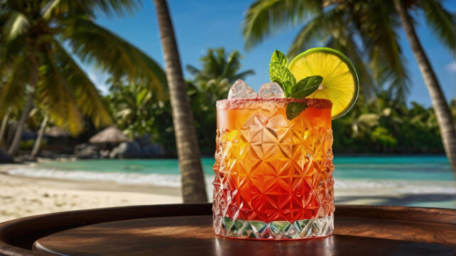 Mai Tai. Glass of delicious mai tai cocktail. Refreshing drink with lime juice, mint and crushed ice.