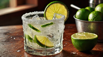 Fototapeta premium Tasty daiquiri cocktail. Beautiful glass with a slice of lime. Daiquiri cocktail on dark background.