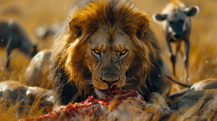 A Dramatic Scene Of A Lion Eating A Wildebeest, Surrounded By Opportunistic Hyenas In The Wild © AICraft