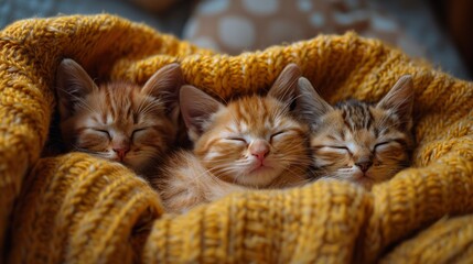 Fototapeta premium A Family Of Happy Kittens Sleeps Together In A Cozy Blanket, Exuding Love And Warmth