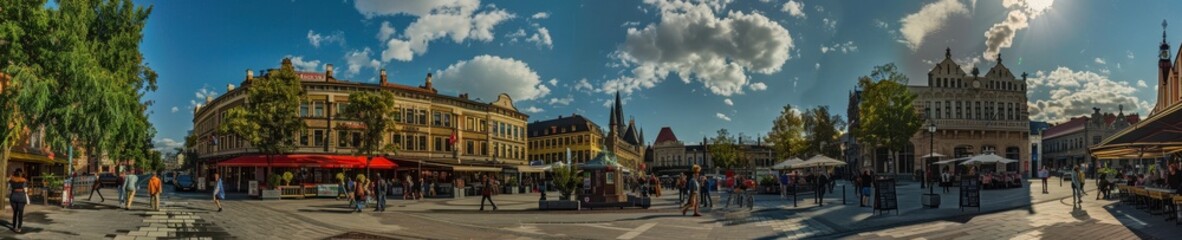 Naklejka premium Urban Life in Motion: Vibrant City Square with People, Outdoor CafÃ©s, and Historic Charm