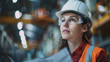 A woman wearing a hard hat and safety glasses is looking at a piece of paper