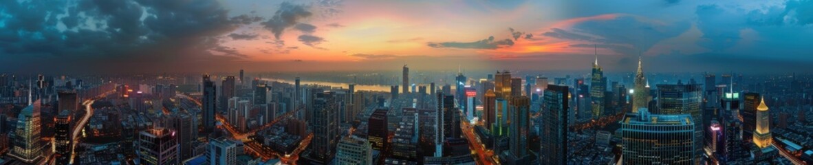 Fototapeta premium Dynamic Urban Twilight - Wide-Angle Cityscape with Illuminated Skyscrapers and Bustling Streets at Dusk