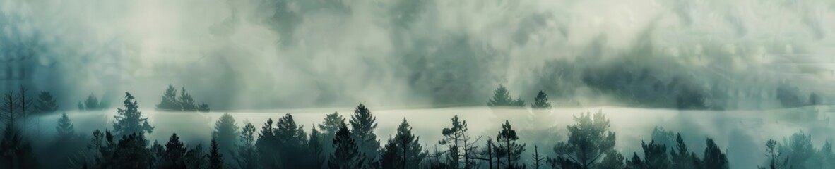 Enigmatic Forest: Mysterious Fog Blanketing Tall Trees in Haunting Scene