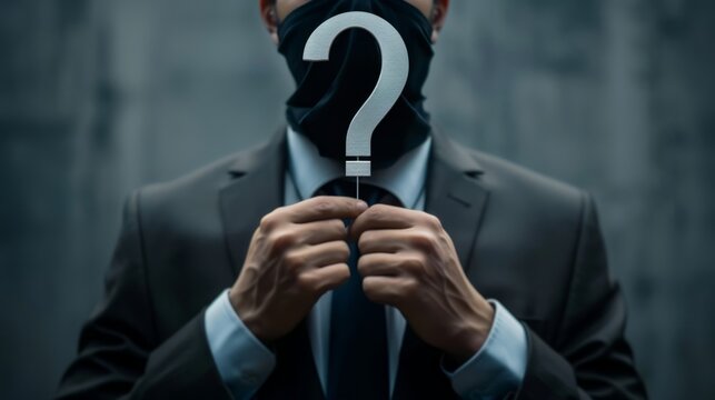 Anonymous businessman person, candidate or mention employee, who is this man, uncertainty, important person or unknown concept, anonymous businessman with question mark head unknown person. 