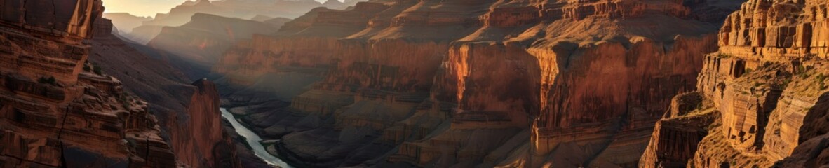 Majestic Canyon Landscape: Sunlit River Flows Through Steep Rocky Walls