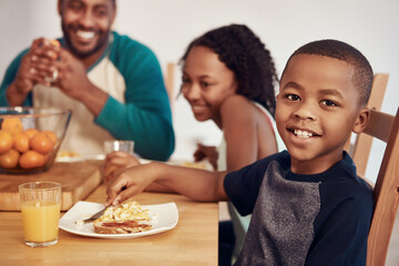 Boy, black family and portrait at breakfast for bonding, childhood and healthy nutrition on weekend. Home, father and kids for relationship, growth and development with together, diet and support