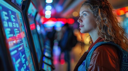 Obraz premium A stylish woman dancing joyfully in a vibrant New York City nightclub She's wearing a glamorous dress and embodies a festive and fashionable urban night.