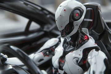 Fototapeta premium futuristic robot driving car by generative ai