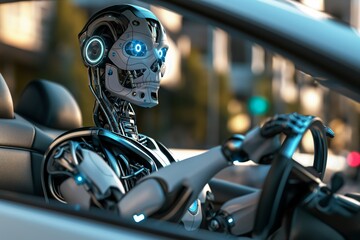 Fototapeta premium futuristic robot driving car by generative ai