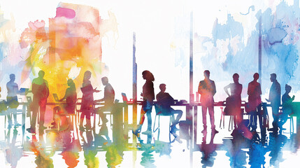 Naklejka premium Colorful silhouettes of people painted in watercolor in a city at a networking event 