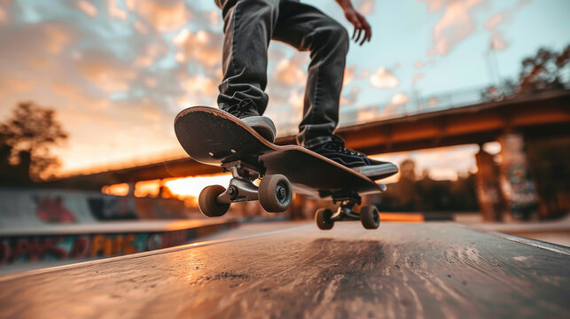 A person, boy, performs skateboard tricks on a ramp in an urban setting - Powered by Adobe
