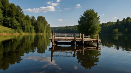 The landing stage in beautiful symetrical reflection.generative.ai