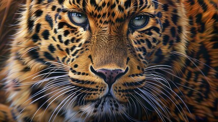Obraz premium A close up of a leopard's face. The leopard is looking at the camera with its piercing green eyes. Its fur is a beautiful golden brown color with black spots.