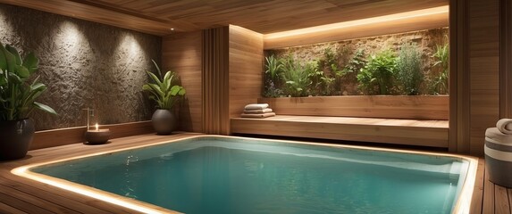 Indoor spa with a serene pool, wooden interior, lush plants, and soft lighting, ideal for relaxation, luxury retreats, and rejuvenating getaways.