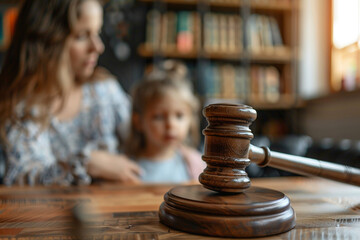 A close-up of a judge's gavel highlights a courtroom scene, with a blurred child in the background, symbolizing the delicate and impactful nature of child custody decisions.