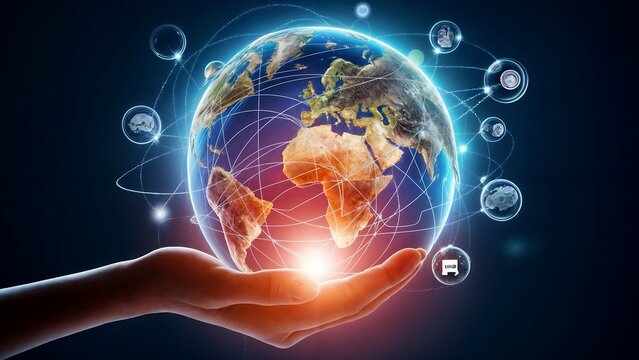 A globe with a world map on it and the earth has a blue area around it.