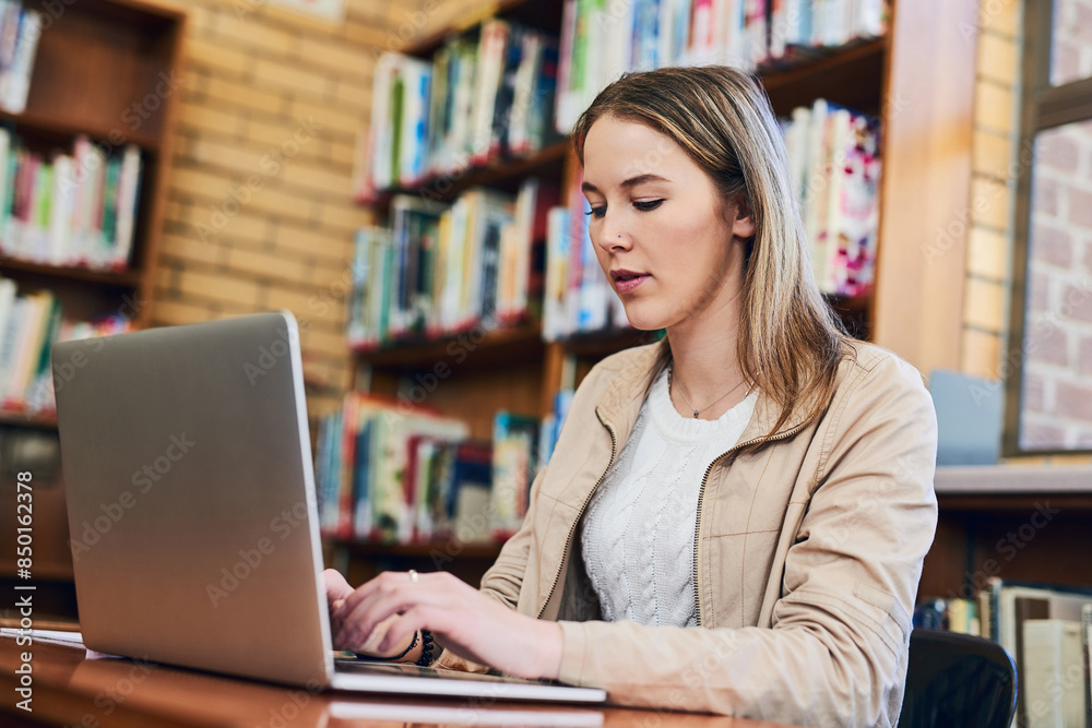 Poster woman, typing and laptop in library for research, education and exam preparation on campus. female s