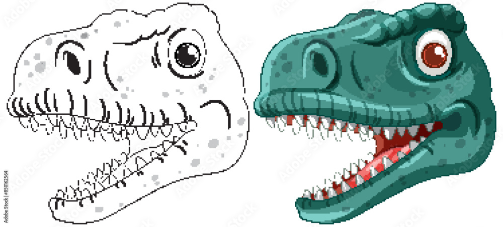 Sticker Colored and outlined dinosaur head illustration