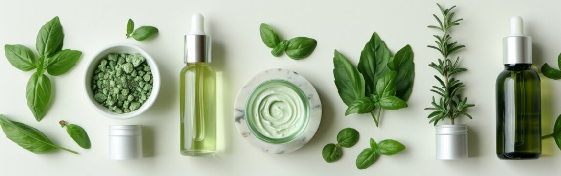 A white table is covered with bottles filled with green items like rosemary, basil, and mint