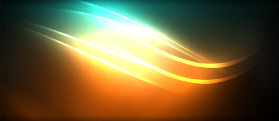 Neon glowing circle rays, light round lines in the dark, planet style neon wave lines. Energetic electric concept design for wallpaper, banner, background