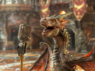 Frontal view of a dragon as a news anchor