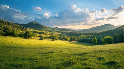 Fototapeta premium Idyllic meadow with rolling hills and clear blue sky