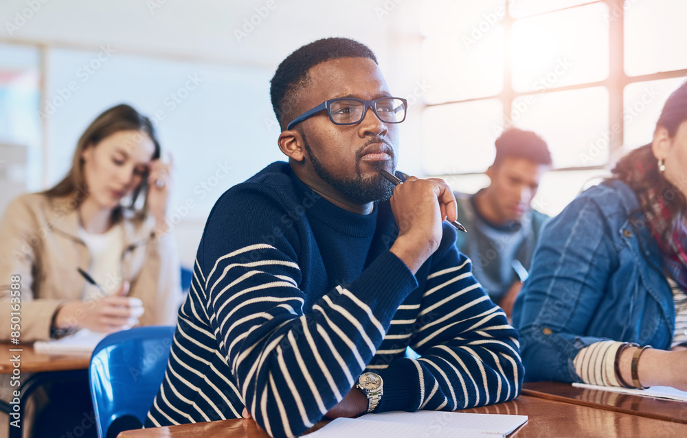 Poster Student, thinking and man in university classroom for education, test or exam. Idea, college and studying in lecture for problem solving, doubt or brainstorming for learning knowledge at school